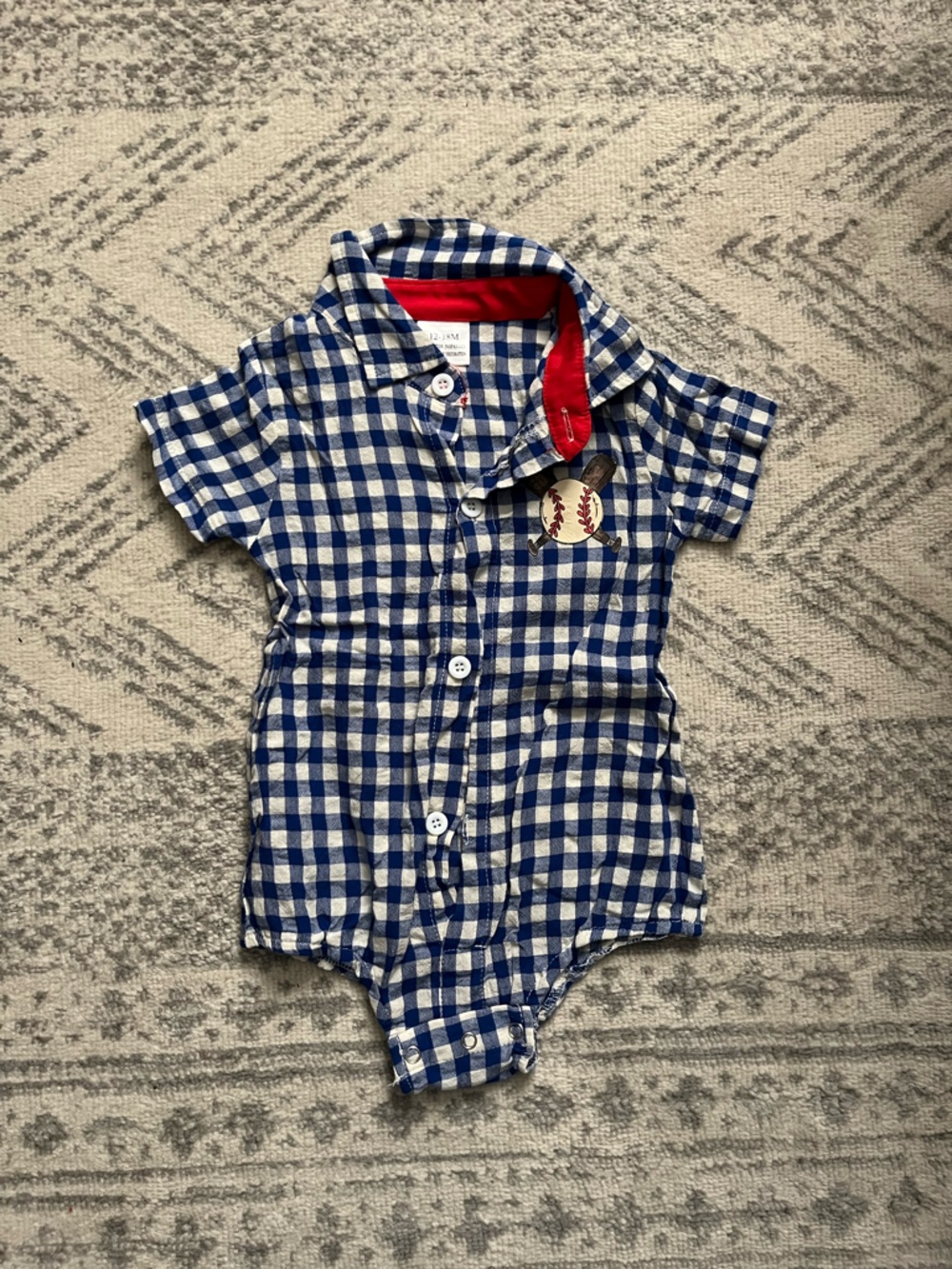 Blue Gingham Short-Sleeve Baby Shirt with Baseball Applique